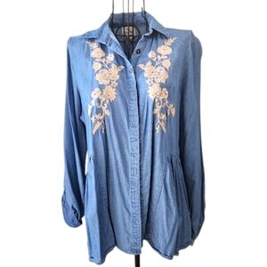 Knox Rose Embroidered Chambray Button Front Blouse Blue Cream XS Boho